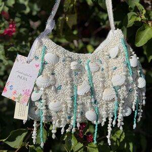 NWT Made in India Shell Shells Beaded Embellished Hanging Tassels Shoulder Bag